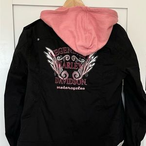 2-Pc PINK Harley Davidson Black Moto Biker Denim Jacket Sweatshirt Hoodie LARGE